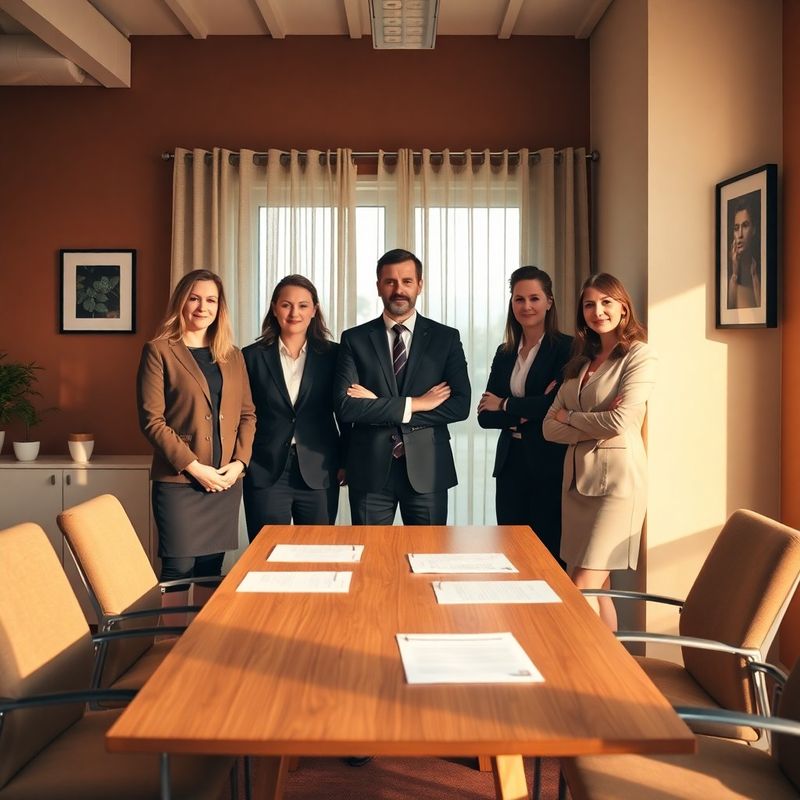 Echipă mică de consilieri în sală de conferință cu interior teracotă-crem